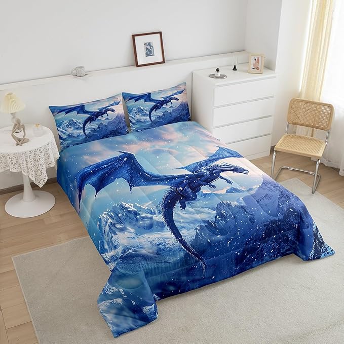 Castle Fairy Blue Dragon King Size Comforter Set,Kids Snow Mountain Decor All Season Bedding Set,Teens Flying Dragon Comforter,Winter Snow Scenery Decor Quilt Set Bedroom Collection 3Pcs