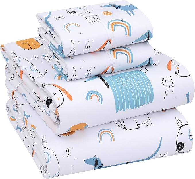 RUVANTI 100% Cotton Sheets – Queen Size Percale Bedding, Cooling & Breathable Floral Design, Durable with a Crisp, Soft & Comfortable Feel, 16" Deep Pocket, 4-Piece Set, Puppy Me