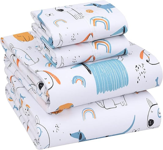 RUVANTI 100% Cotton Sheets – Queen Size Percale Bedding, Cooling & Breathable Floral Design, Durable with a Crisp, Soft & Comfortable Feel, 16" Deep Pocket, 4-Piece Set, Puppy Me