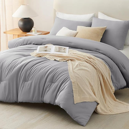 CozyLux Queen Comforter Set Grey, 3 Pieces Solid Comforters Queen Size Breathable Bedding Sets, Gray Luxury Soft Lightweight Bed Set with Down Alternative Comforter and 2 Pillowcases for All Seasons