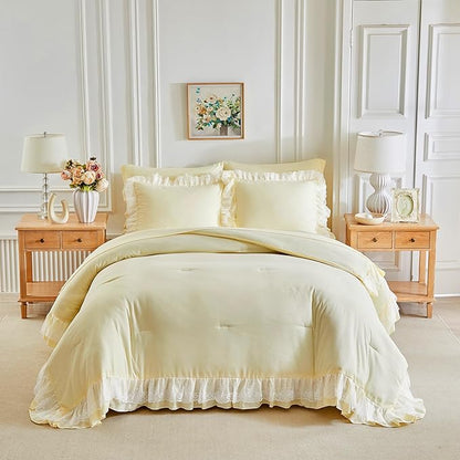 Joyreap Twin Size Comforter Set Yellow, 3pcs Lace Ruffled Bedding Comforter Set, Microfiber Vintage Boho Chic Bedding Set for All Season- 68x88 inches