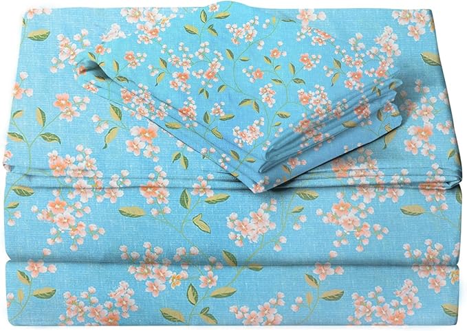 JSD Blue Floral Printed Sheet Set Cal King, 4 Piece Soft Pattern Microfiber Sheets Extra Deep Pocket