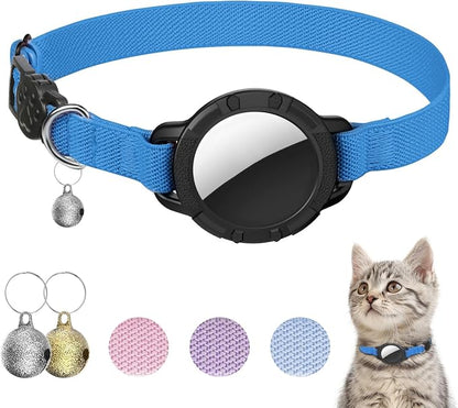 AirTag Cat Collars, Stretchy Collar with AirTag Holder and Bell | Breakaway - Ultra Design Elastic - GPS Tracking Collars - Adjustable Size for Cats & Puppies 7.5-12.5" - (Sapphire Blue)