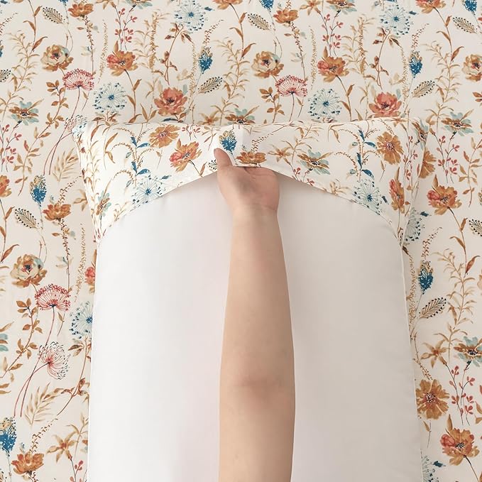 Zusbest 100% Cotton Orange Floral Pillowcases Standard Size Set of 2, 19''×29'', Queen Size Teal Orange Bohemian Flower Printed Pillow Covers Soft Envelope Queen Pillowcase Protectors