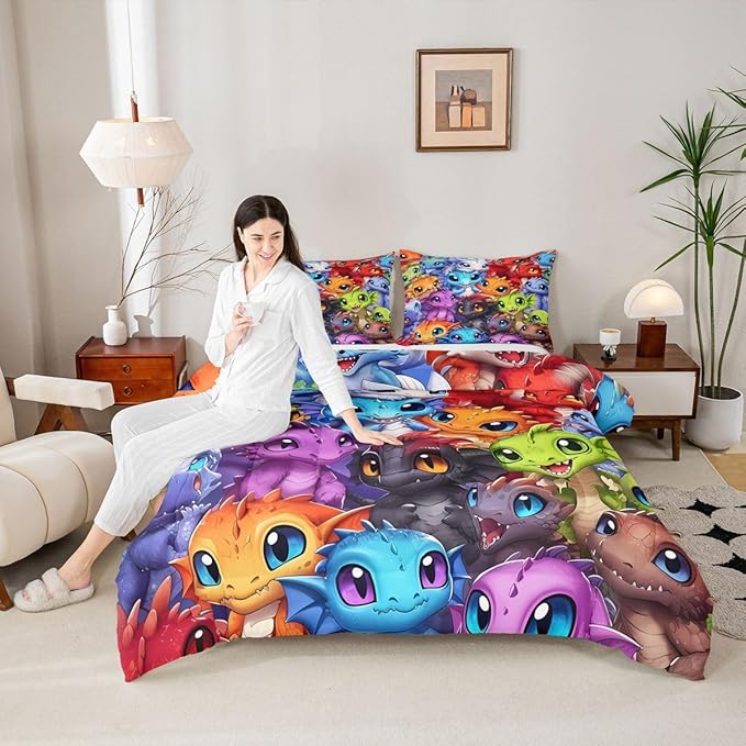 Feelyou Dragon Comforter Set All Season Dragon Stuff Bedding Set with 2 Pillow Cases Wild Life Kids Full Bedclothes Magic Wildlife Bedroom Decor Colorful Duvet Quilt Breathable Soft Lightweight