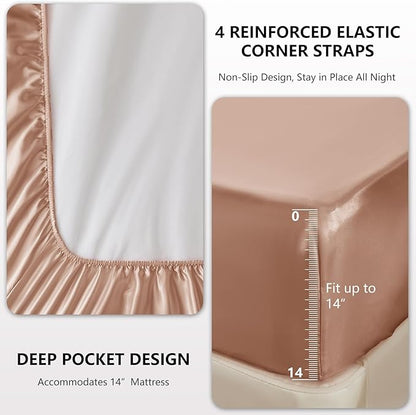 CozyLux Satin Sheets King Size Sheet Set - 4 Piece Silky King Sheets, Luxury Salmon Pink King Bed Set with Smooth and Soft Microfiber, Includes 1 Fitted Sheet, 1 Flat Sheet and 2 Pillowcases