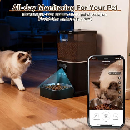 Automatic Cat Feeder with Camera, 5L/28 Cups WiFi Cat Auto Feeder with Two-Way Audio, App Control, Strong Anti-Jam System Smart Timed Cat Feeder with Night Vision for Small Pets Indoor