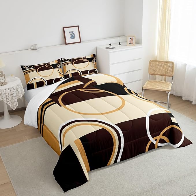 Erosebridal Modern Geometric Comforter Set Queen Size Brown Black Stripes Down Comforter for Kids Adult Retro Circle Swirls Bedding Set Bedroom Decor Abstract Texture Color Art Comforter