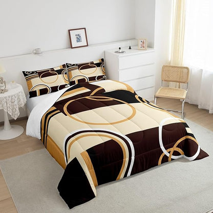 Erosebridal Modern Geometric Comforter Set Twin Size Brown Black Stripes Down Comforter for Kids Adult Retro Circle Swirls Bedding Set Bedroom Decor Abstract Texture Color Art Comforter
