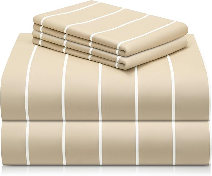 LuxClub 4 PC King Size Sheet Set, Breathable Luxury Bed Sheets, Deep Pockets 18" Wrinkle Free Cooling Machine Washable Hotel Bedding (Striped Cream)