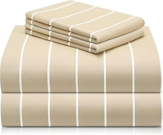 LuxClub 4 PC Queen Size Sheet Set, Breathable Luxury Bed Sheets, Deep Pockets 18" Wrinkle Free Cooling Machine Washable Hotel Bedding (Striped Cream)