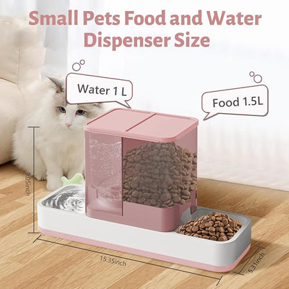 Yummy Sam Automatic Small Pet Feeder and Water Dispenser, 2 in 1 Gravity Cat Auto Pet Feeder and Waterer Set Feeder Dish for Small Medium Pets Dog Puppy Kitten (Pink)