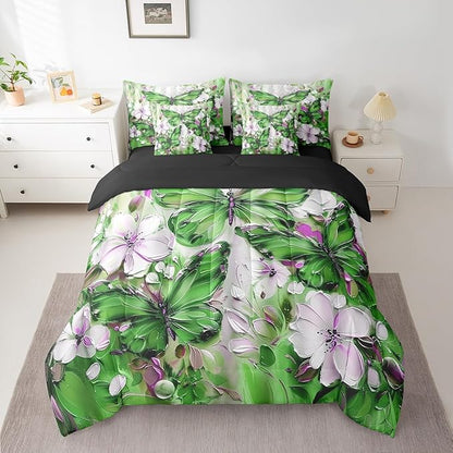 Erosebridal Green Butterfly 7 Piece Bed in A Bag Twin White Flowers Oil Painting Boho Comforter Set Retro Hippie Floral Butterfly Bedding Set for Girls Women,Aesthetics Bohemian Bed Set