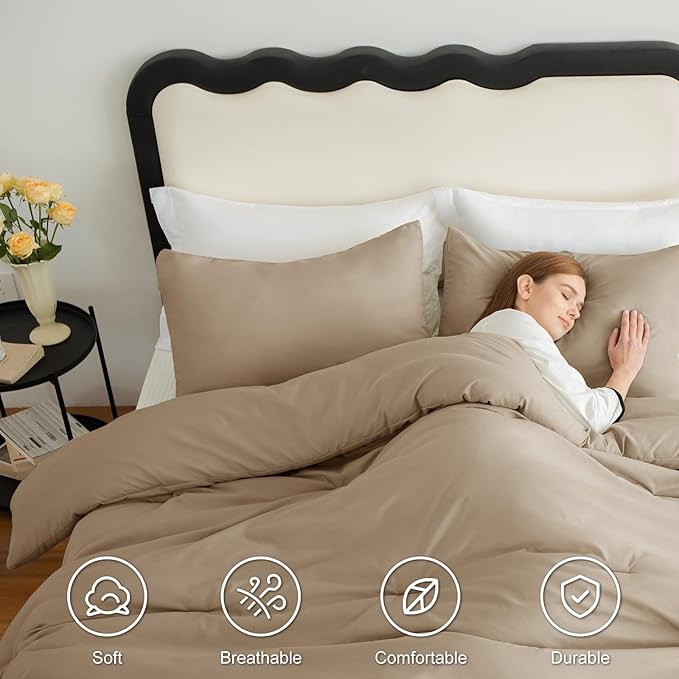 CozyLux Queen Comforter Set Taupe, 3 Pieces Solid Comforters Queen Size Breathable Quilted Bedding Sets, Luxury Soft Lightweight Bed Set with Down Alternative Comforter and 2 Pillowcases All Seasons