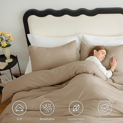 CozyLux Queen Comforter Set Taupe, 3 Pieces Solid Comforters Queen Size Breathable Quilted Bedding Sets, Luxury Soft Lightweight Bed Set with Down Alternative Comforter and 2 Pillowcases All Seasons