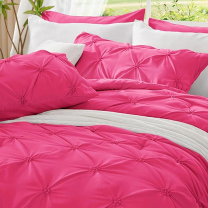 BEDELITE Hot Pink Queen Comforter Set - 3 Pieces Boho Pintuck Bedding Comforter Sets, Lightweight Soft & Warm Bed Comforter Queen with 2 Pillowcases for All Season