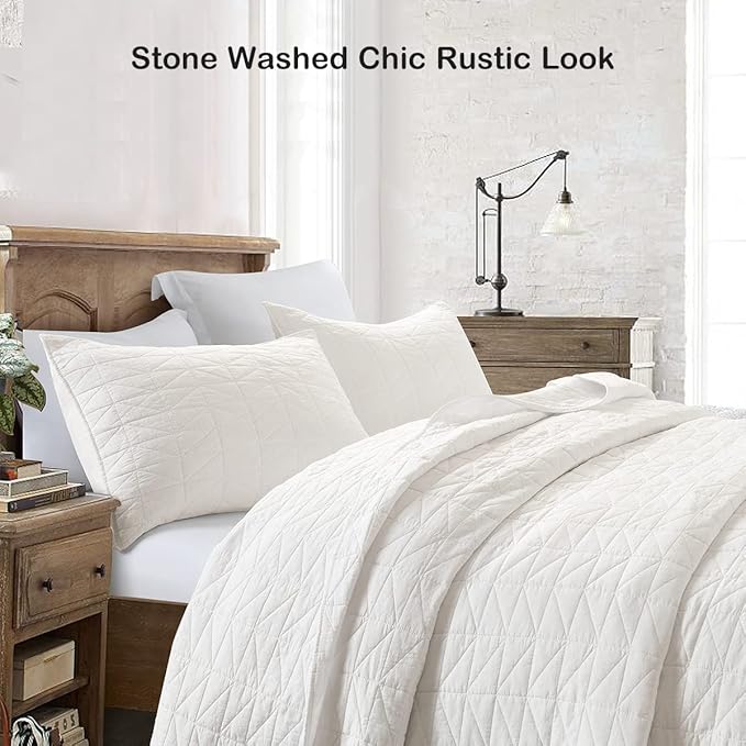 HORIMOTE HOME Quilt Set Queen Size, Stone-Washed Chic Rustic Cream White Coverlet with Classic Triangle Stitched Pattern, Ultra Soft Lightweight Quilted Bedspread for All Season, 3 Pieces