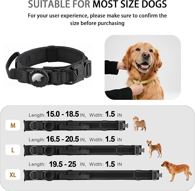 Tactical AirTag Dog Collar - Heavy Duty, Adjustable GPS Collar | Compatible with Apple AirTag, with Holder & Control Handle for Medium/Large Dogs [ Black, XL ]