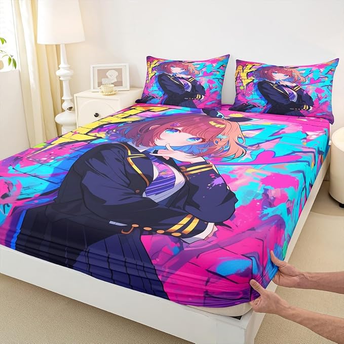 Erosebridal Girls Japanese Anime Bedding Set Twin, Kawaii Anime Girl Fitted Sheet Cartoon Girl Bed Sheets for Kids Teens Adult, Japanese Animation Sci Fi Style Sheets, 1 Pillow Case