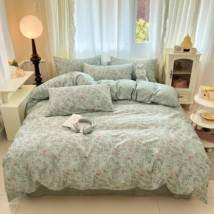 Comforter Set Queen 3 Piecess Green Pink Floral Bedding Set for Girls Kids Colorful Botanical Flower Bedding Soft Breathable Microfiber Sage Green Comforter with 2 Pillowcases