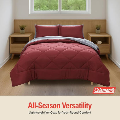 Coleman Queen Comforter Set Reversible Bed-in-a-Bag– Double-Sided Color Options, All-Season Comforter + Shams + Sheets – Perfect for Home, Cabin or Camp Use, Burgundy/Gray
