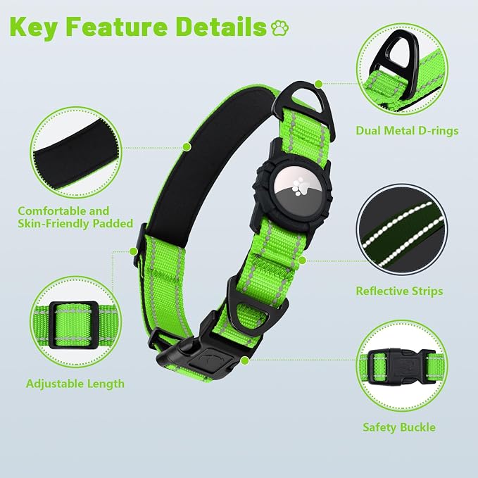 Taglory AirTag Dog Collar with Waterproof Holder for Puppy, Green, XS | Reflective for Night Walks & Low-Light Safety, Track Your Pup Peace of Mind, Adjustable Soft Padded, No More Dangling Tags