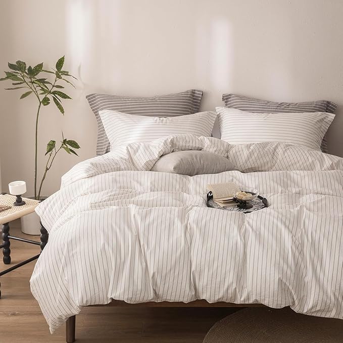 Stripe Duvet Cover California King Size 104inch x 98inch,100% Washed Cotton Linen Feel Duvet Cover with Zipper Closure and 2 Pillowcases, Color of Off White-Linen Grey Stripe