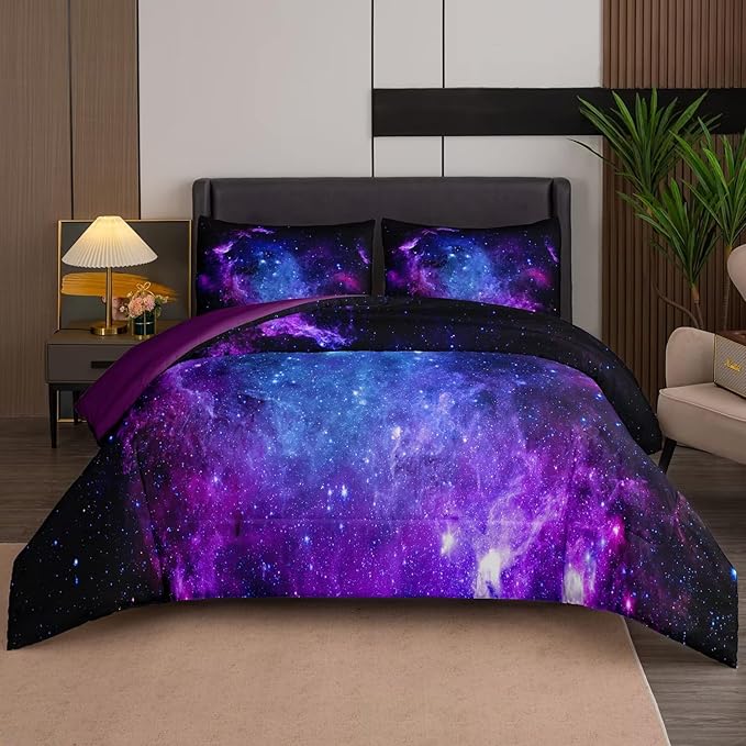 NINENINE Galaxy Bedding 5PCS Twin Size Comforter Sets for Girls Purple Bedding Set Bed in a Bag Space Bedding Set(1Comforter, 1Flat Sheet, 1Fitted Sheet, 2Pillowcases)…