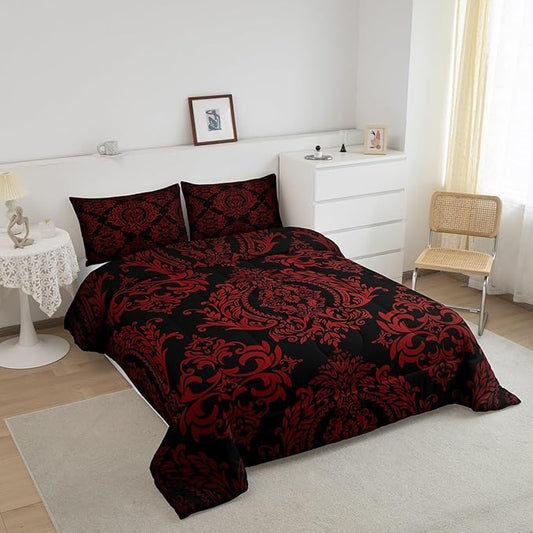 Feelyou Adults Red Vintage Damask Floral Comforter Set Oriental Antique Comforter King Size Gothic Bohemia Boho Flower Bedding Set Bohemian Exotic Duvet Set Quilt Set 3Pcs