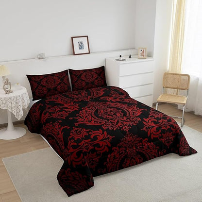 Feelyou Adults Red Vintage Damask Floral Comforter Set Oriental Antique Comforter Full Size Gothic Bohemia Boho Flower Bedding Set Bohemian Exotic Duvet Set Quilt Set 3Pcs