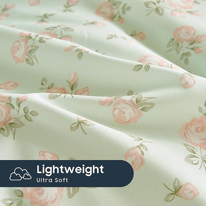 Wake In Cloud - Coquette Duvet Cover Set, Floral Cottagecore Flower Shabby Chic Cute Aesthetic, Soft Lightweight Bedding for Women Teen Girls, 3-Piece, Green Pink, Queen Size