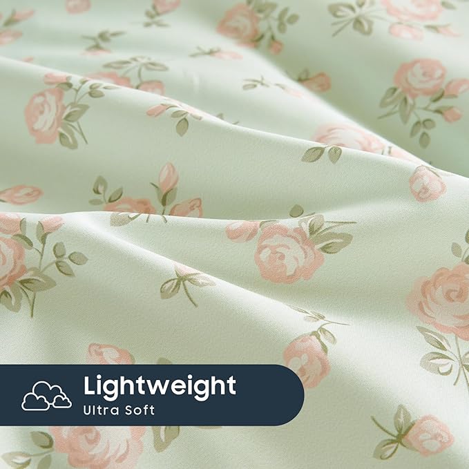 Wake In Cloud - Coquette Duvet Cover Set, Floral Cottagecore Flower Shabby Chic Cute Aesthetic, Soft Lightweight Bedding for Women Teen Girls, 3-Piece, Green Pink, Full Size