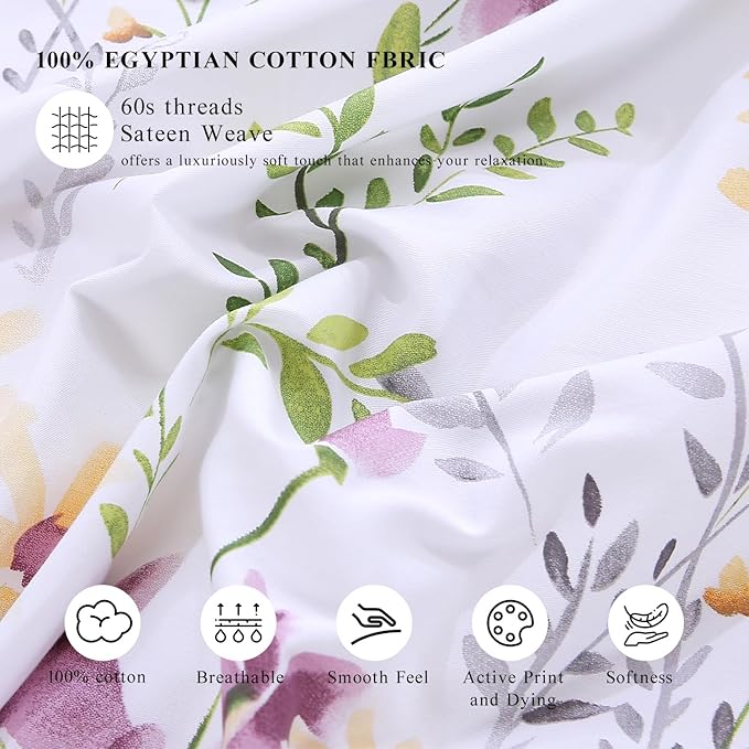WINLIFE 100% Cotton Pillowcases Garden Floral Printed Pillow Cases Set of 2 Pillow Cover (King Size 20'' x 36'', Lilac)