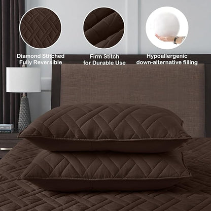 HORIMOTE HOME Quilt Set Twin Size Chocolate, Classic Geometric Diamond Stitched Pattern, Ultra Soft Microfiber Lightweight Bedding Set Bedspread Coverlet for All Season with 1 Quilt 1 Pillow Sham