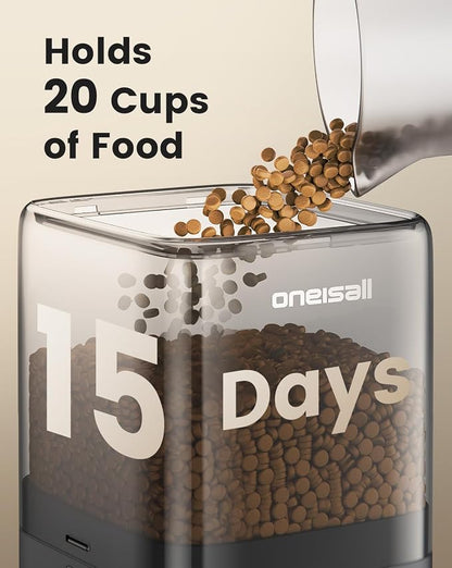 oneisall Automatic Cat Feeder for 2 Cats Pets, 20 Cups/5L | Prevent Fighting, Precise Portions, Balanced Dispensing, Large Kibble Support, Non-Slip & Stable, Stainless Steel Bowls