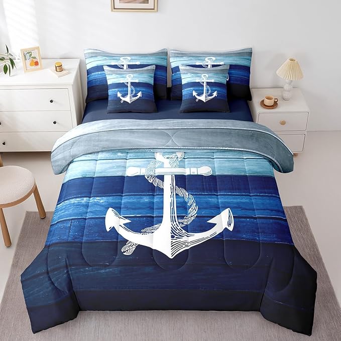 Castle Fairy Sailing Anchor Bedding Sets with Sheets,Comforter,Pillowcases,Pillow Covers 7 Pcs Nautical Theme Simple Decorative Comforter Set for Kids Teens Adults Bedroom Dorm Bed Set King Size