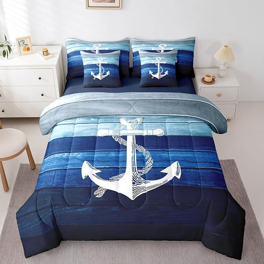 Castle Fairy Sailing Anchor Bedding Sets with Sheets,Comforter,Pillowcases,Pillow Covers 7 Pcs Nautical Theme Simple Decorative Comforter Set for Kids Teens Adults Bedroom Dorm Bed Set King Size