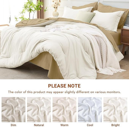 MUXHOMO 7 Pieces Full Comforter Set, Soft Bed in a Bag Full Size, All Season Bedding Set with Comforter, Flat Sheet, Fitted Sheet, Pillowcases & Shams, Ivory & Khaki