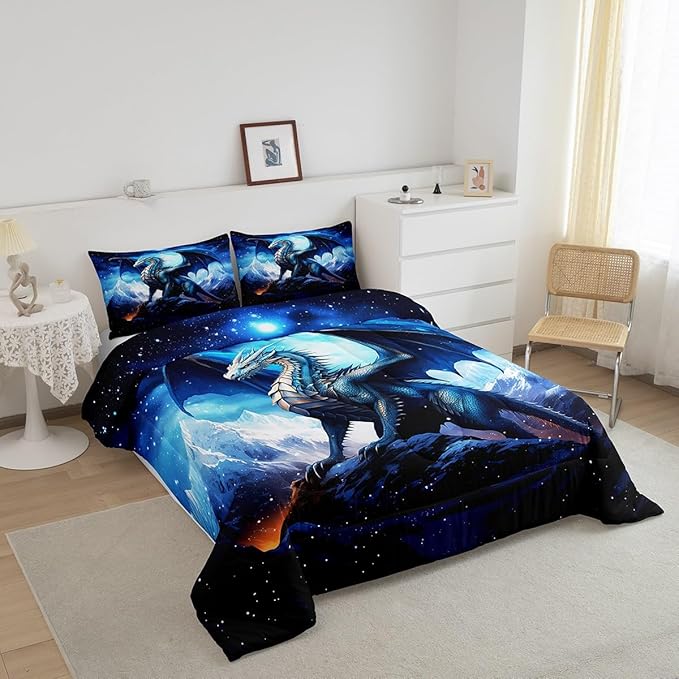 Dragon Comforter Set King Size,Snow Mountain Starry Sky Galaxy Duvet Insert for Kids Boys Men Teens Room Decor,Glitter Star Trippy Bedding Set 3Pcs,Western Magical Animal Blue Quilt Set,2 Pillowcases