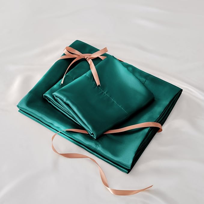 BEDELITE Satin Sheets Twin XL Size Bed Set, Luxury Soft Teal Silky Sheets for Hair and Skin, Similar to Silk Bed Sheets Set 3 Pieces （1 Deep Pocket Fitted Sheet, 1 Flat Sheet, and 1 Pillowcase）