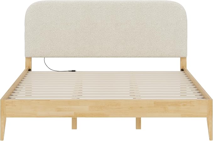 KISLOT Wood Bed Frame with USB & Type-C, Boucle Headboard, Oat, King | Platform Bed, Mattress Foundation, No Box Spring Needed, Easy Assembly