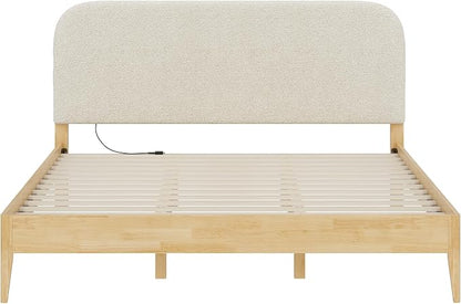 KISLOT Wood Bed Frame with USB & Type-C, Boucle Headboard, Oat, King | Platform Bed, Mattress Foundation, No Box Spring Needed, Easy Assembly