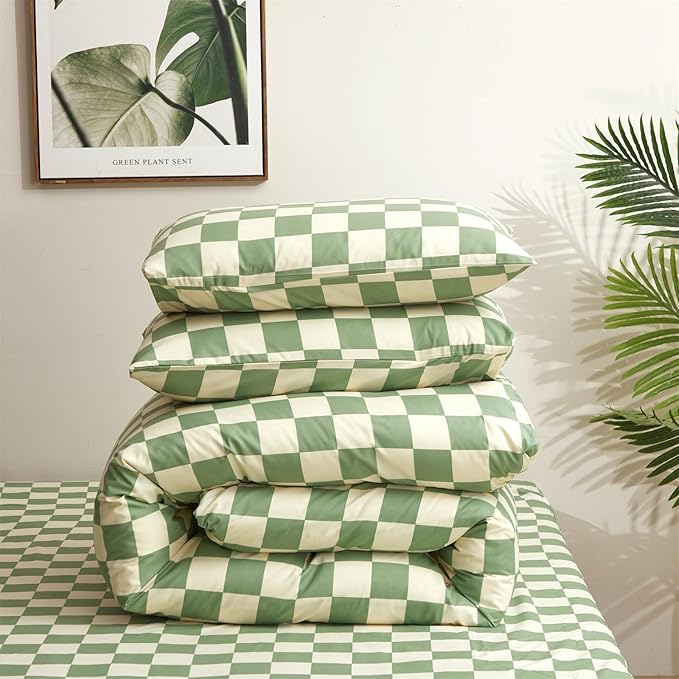Houseri Green and White Comforter Set Queen Plaid Sage Green Buffalo Checkered Bedding Comforters Queen Size for Girls Boys Checkerboard Light Green Grid Comforter Women Men Gingham Bedding Sets Queen