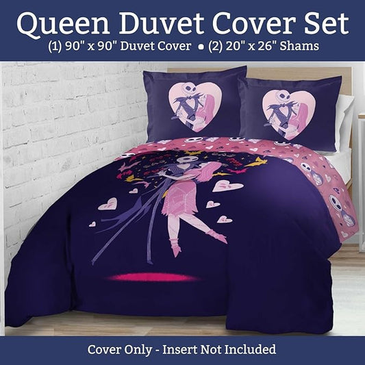 Jay Franco Duvet Cover Set – 3 Piece Comforter Cover and Sham Set, Super Soft Cozy Kids Bedding (Insert Not Included) Purple - Nightmare Before Christmas, Queen