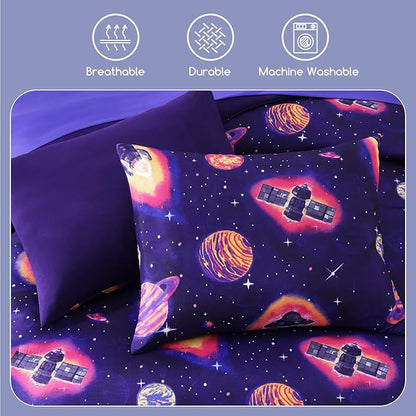 Full Kids Comforter Set - 7 Pieces Full Bedding Sets for Boys Teen, Outer Space Rocket Bed in A Bag with Sheets