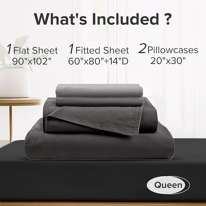 Comfort Spaces 100% Cotton Sheets Queen, Breathable, Ultra Soft Cotton Sheets, Naturally Cool Cotton Bed Sheets with 14" Elastic Pocket Fits up to 16" Mattress, All Season Sheet Set, Black 4 Piece