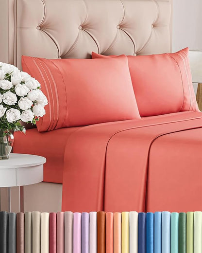 King Size 4 Piece Sheet Set - Comfy Breathable & Cooling Bed Sheets Set - Hotel Luxury Bedding for Women, Men, Kids, Teens, Boys & Girls - Deep Pockets, Ultra-Soft and Wrinkle Free - Oeko-Tex - Coral