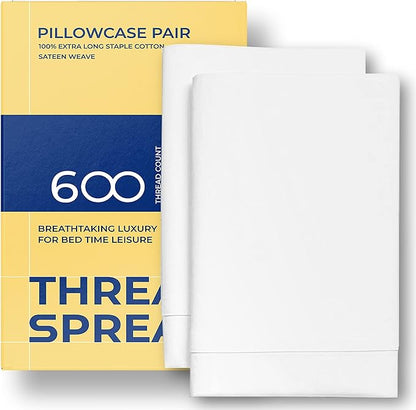 Thread Spread 100% Egyptian Cotton King Size Pillow Cases Set of 2 - Luxury 600 Series Bliss Collection Pillow Cases King Size (White), Soft Cooling Hotel Cotton Pillowcases, Sateen Finish