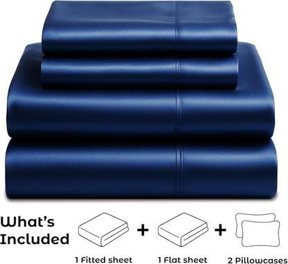 Satin Sheets Queen [4-Piece, Navy] Hotel Luxury Silky Bed Sheets - Extra Soft 1800 Microfiber Sheet Set, Wrinkle, Fade, Stain Resistant - Deep Pocket Fitted Sheet, Flat Sheet, Pillow Cases