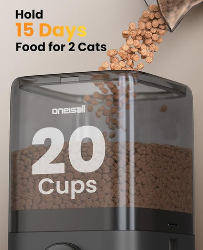 oneisall 2.4G Cordless Automatic Cat Feeder, 20 Cups/5L | 100-Day Rechargeable Battery Life, Time Meal, App Remote Control, Large Kibble, Timed Meals, Feed Now, Precise Portions